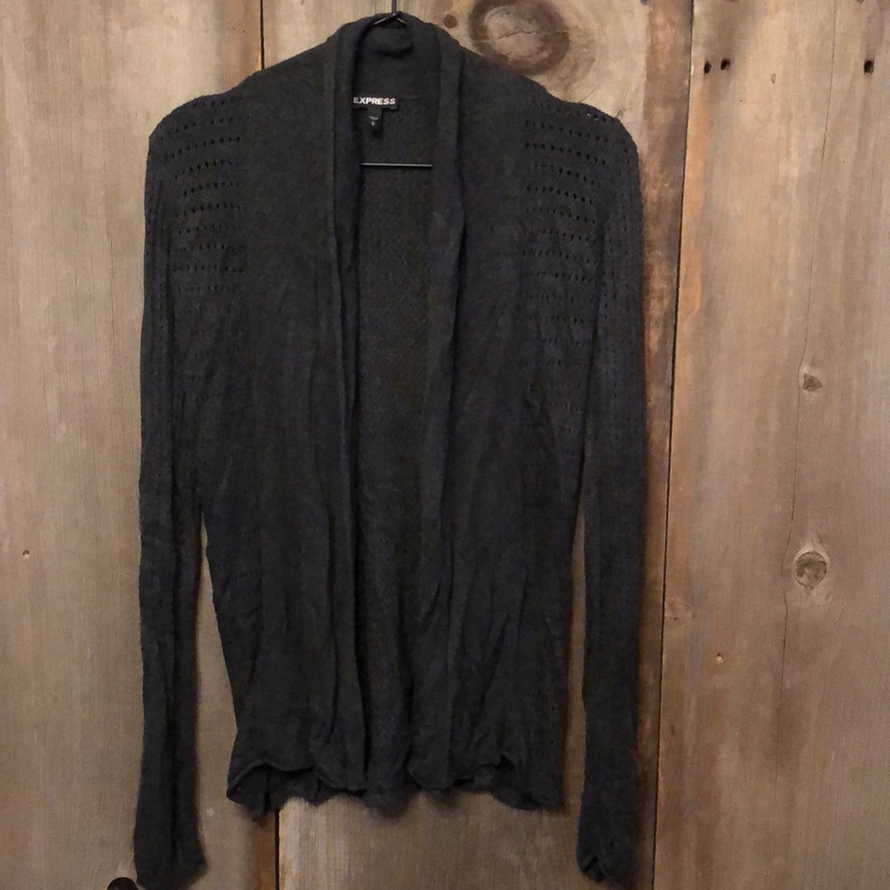 Express Dark Gray Shawl Collar Open Front Pointelle Cardigan Sweater Small